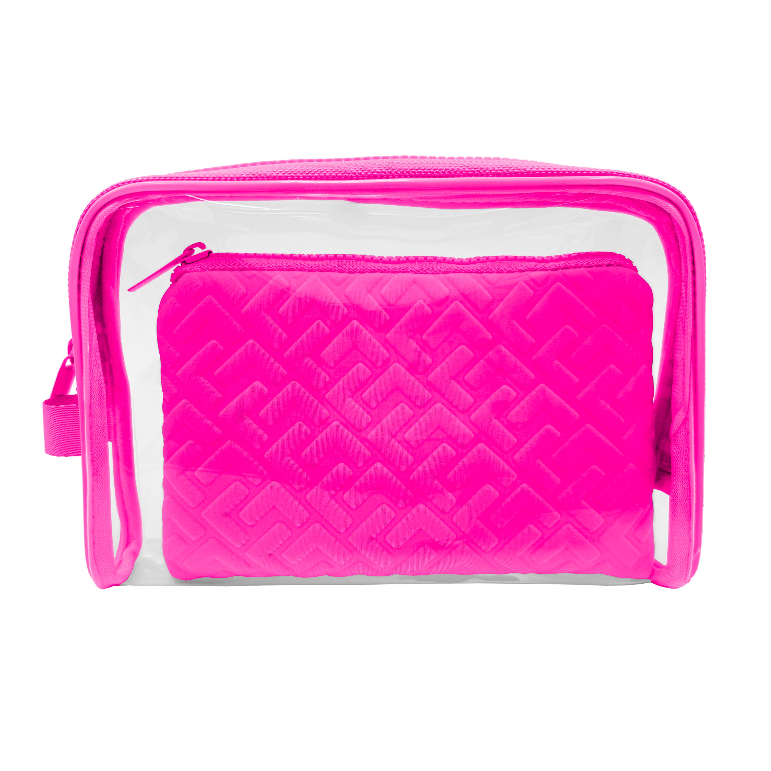 Pink quilted toiletry bag with clear compartment on a white background