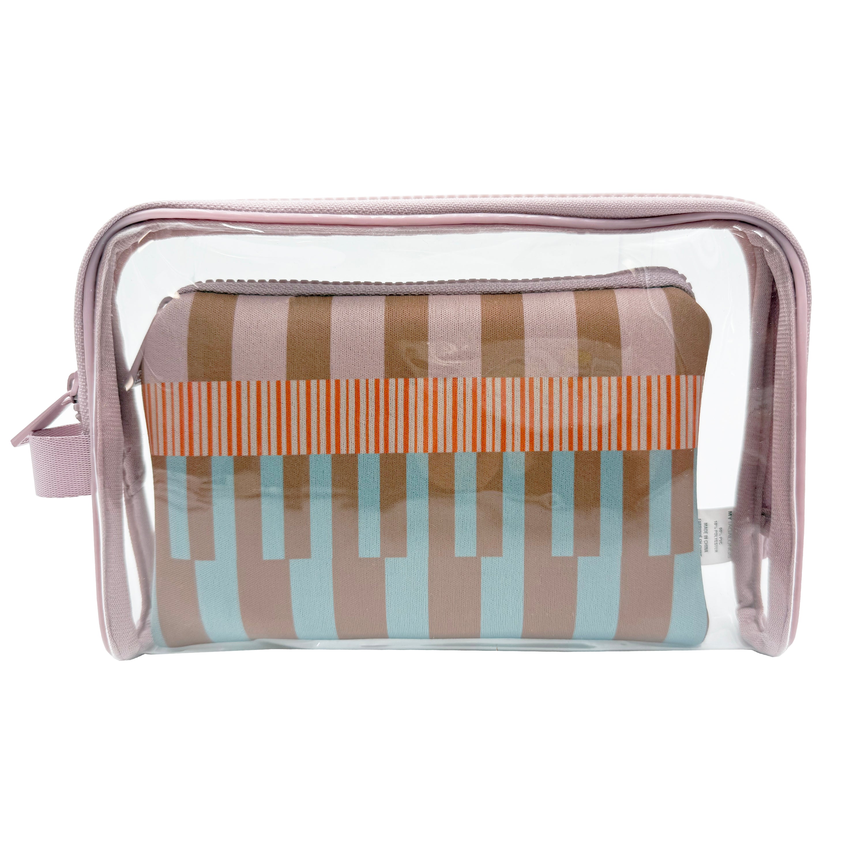 Clear cosmetic bag with striped pattern on a white background
