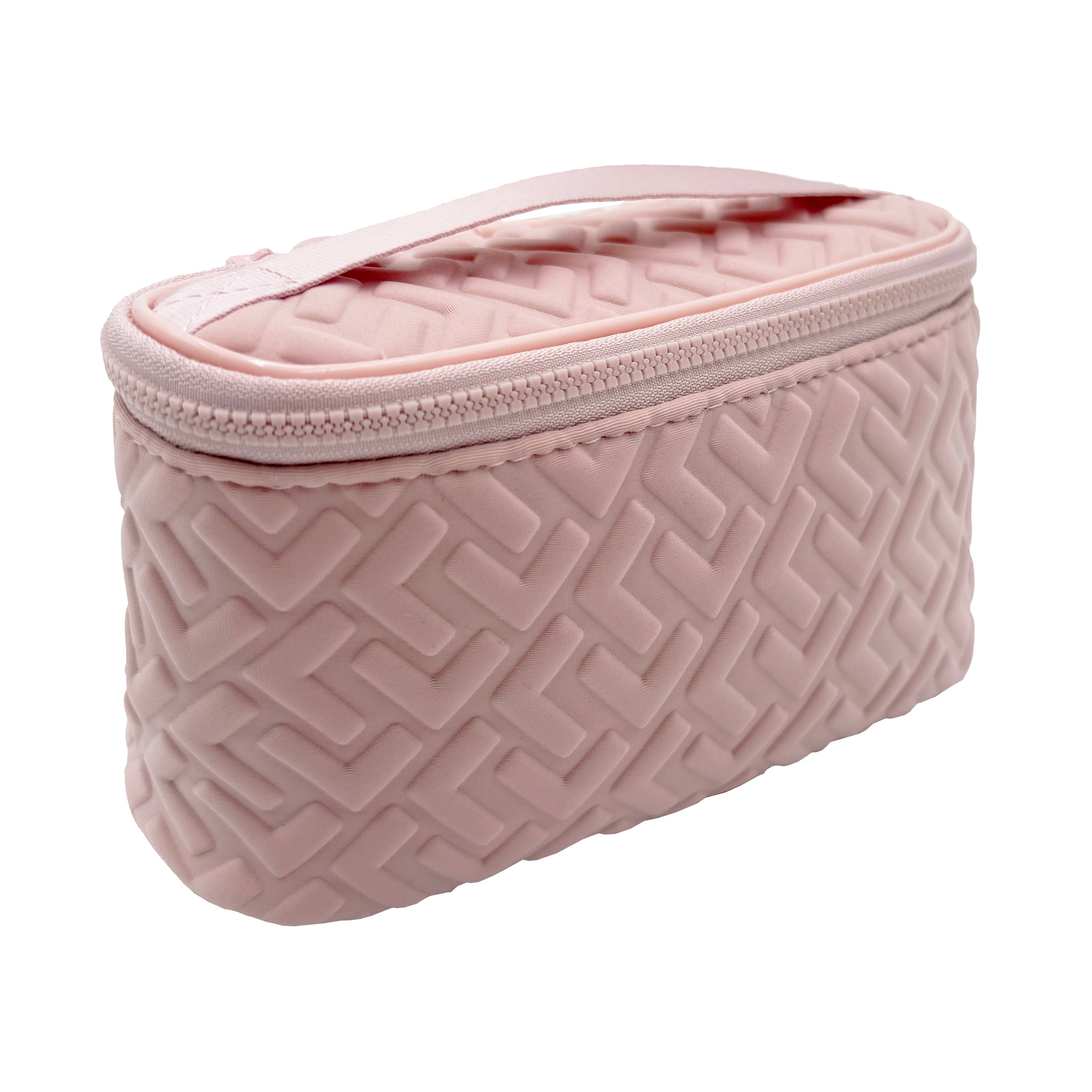 Pink textured cosmetic bag with a zipper on a white background