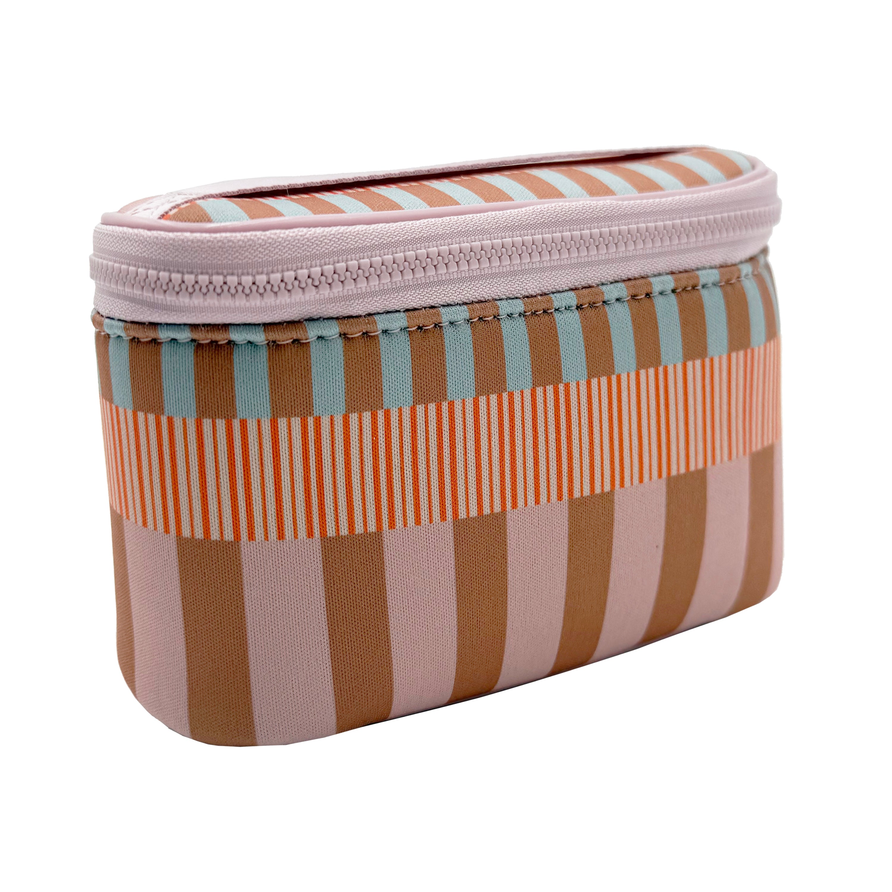 Rectangular striped pouch with a zipper on a white background