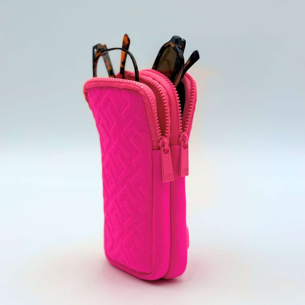 Étui à lunettes double en néoprène avec mousqueton - Rose vif