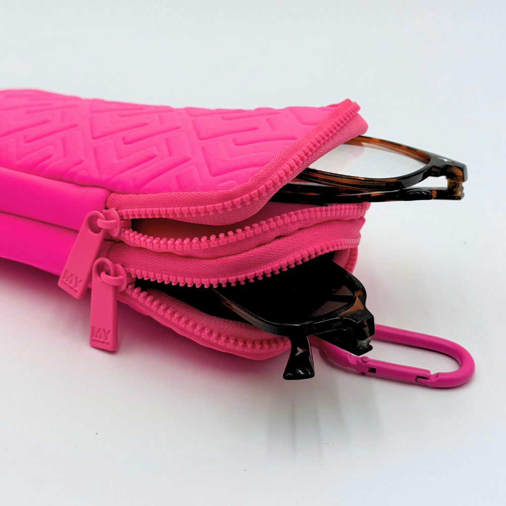 NEOPRENE DOUBLE EYE GLASS CASE WITH CARABINER - HOT PINK