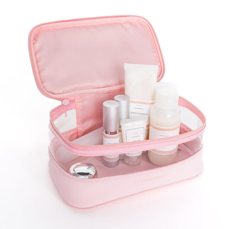 red clear cosmetic train case