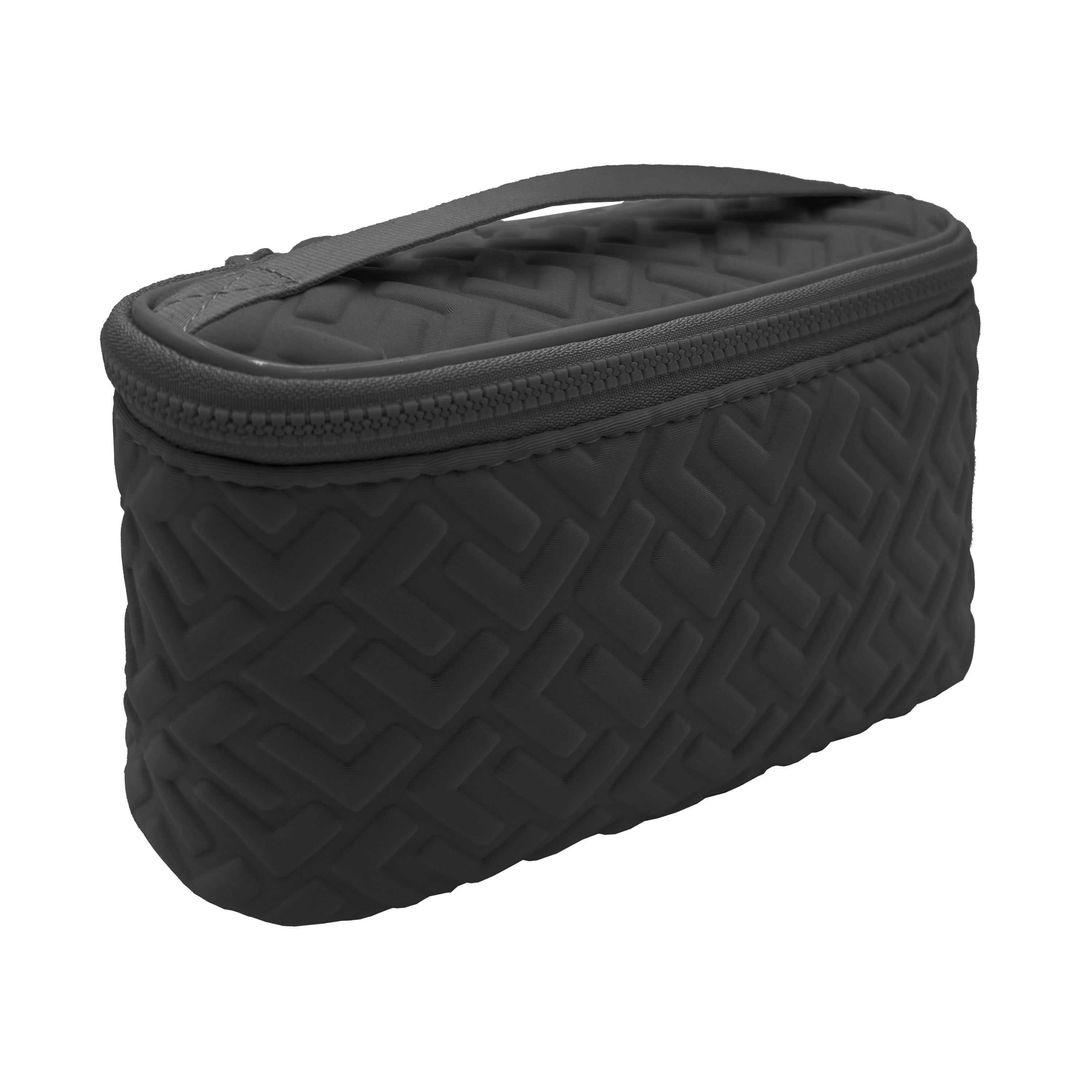 Black textured rectangular pouch with a zipper on a white background